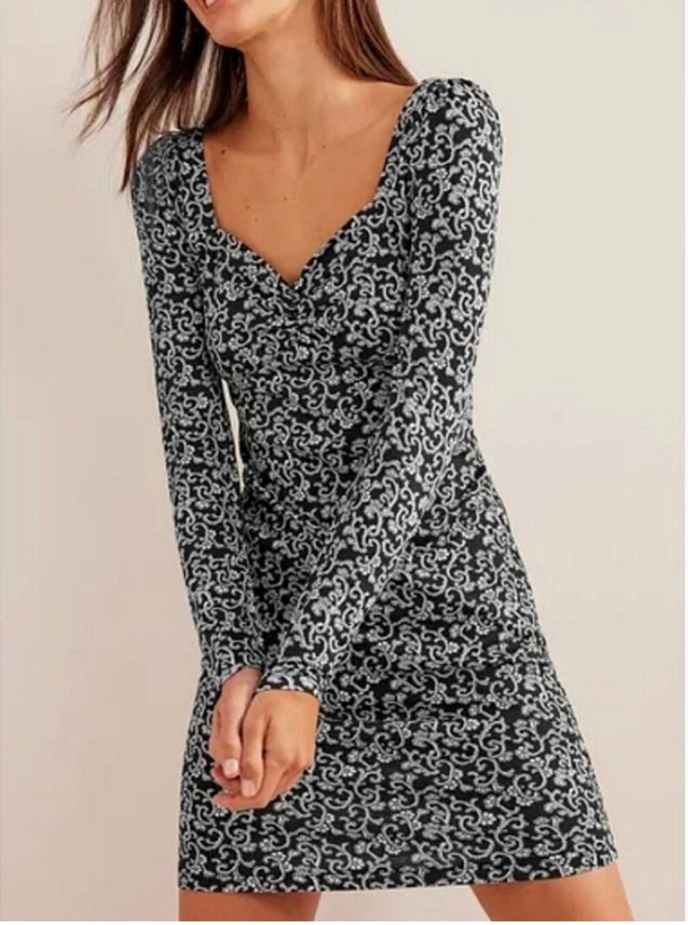 Boden Jersey Knit Sheath Dress Women's 14L Black White Floral Long Sleeve Fall